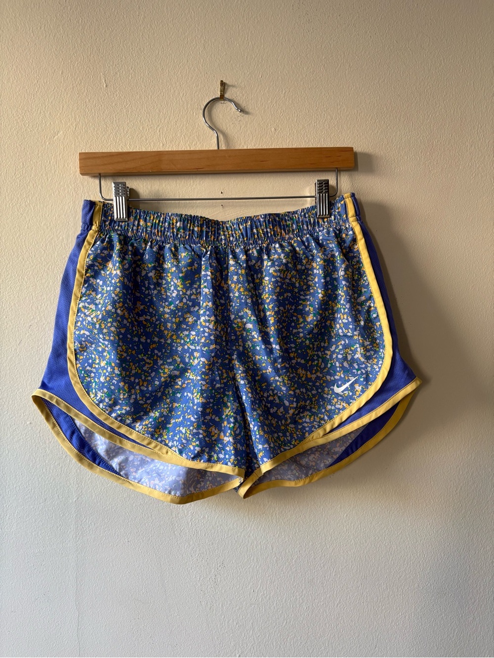 Nike Dri-Fit Blue Speckled Running Shorts with Yellow Trim - M